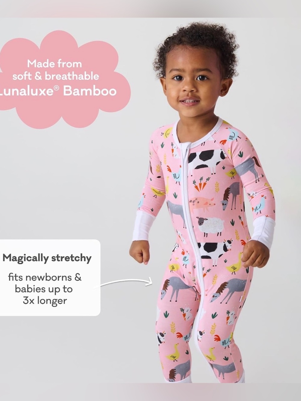 Little Sleepies Pink Farm Animals Bamboo Pajama Zippy 0-3 Months